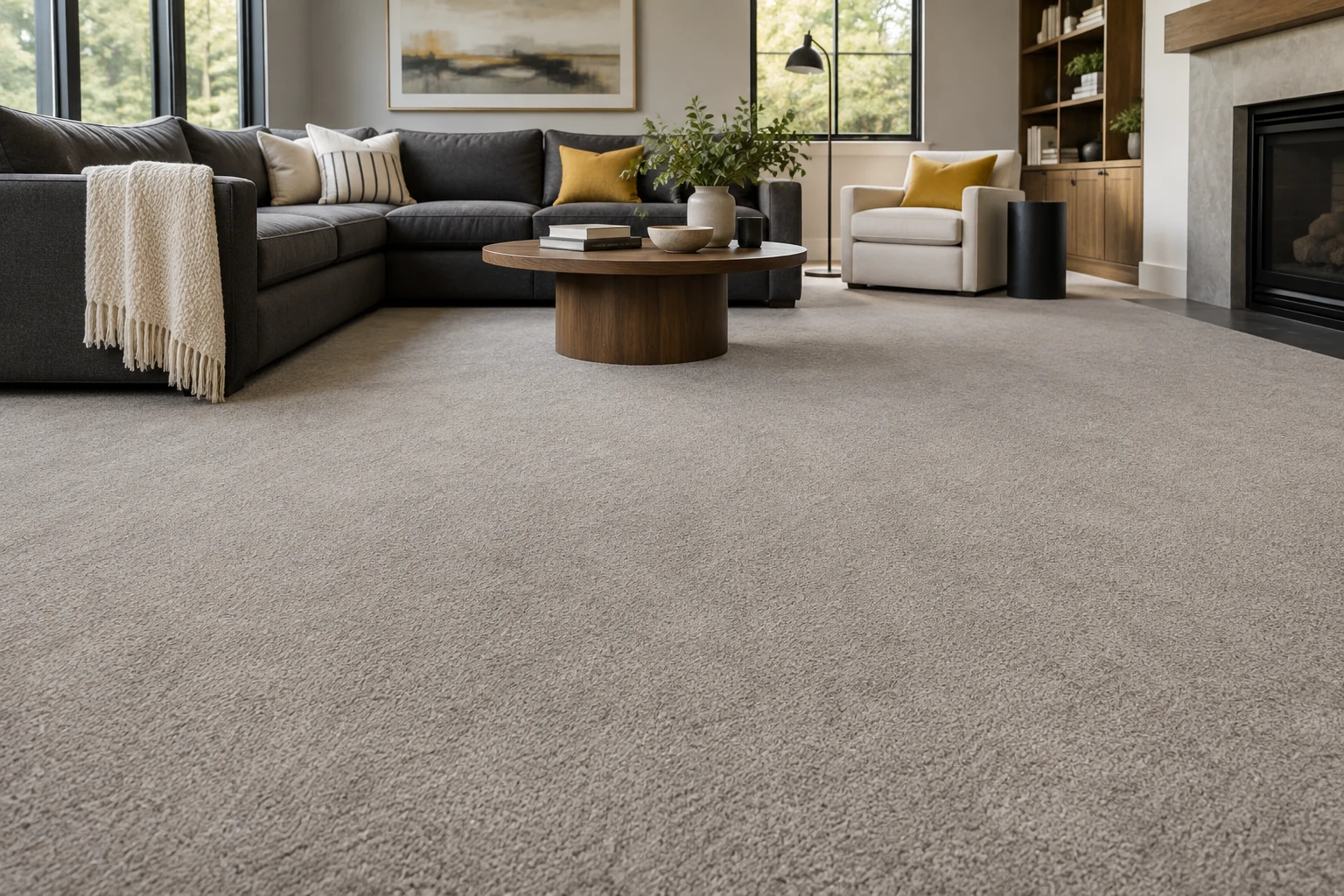 Residential carpet installation in a living room