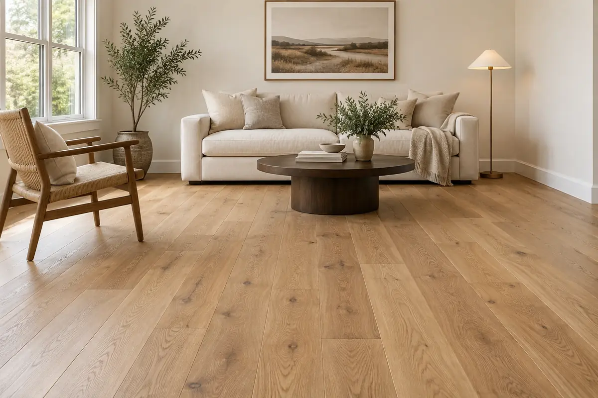 Living room with wide-plank hardwood flooring (room visualization)